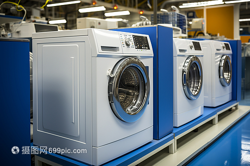 藍(lán)色地板上的洗衣機(jī) 家用電器中的美學(xué)與實(shí)用結(jié)合